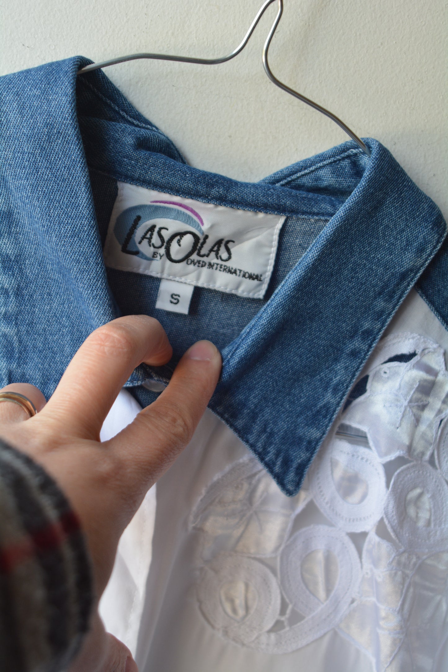 Las Olas Camicia Bianca Denim Ricamo Sangallo — Taglia S/M