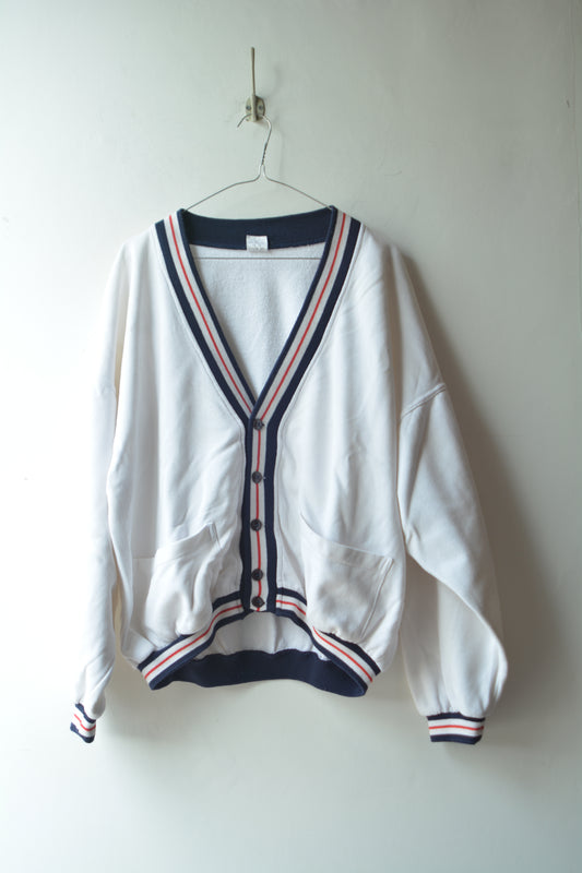 Cardigan Vintage Bianco con Profili Navy