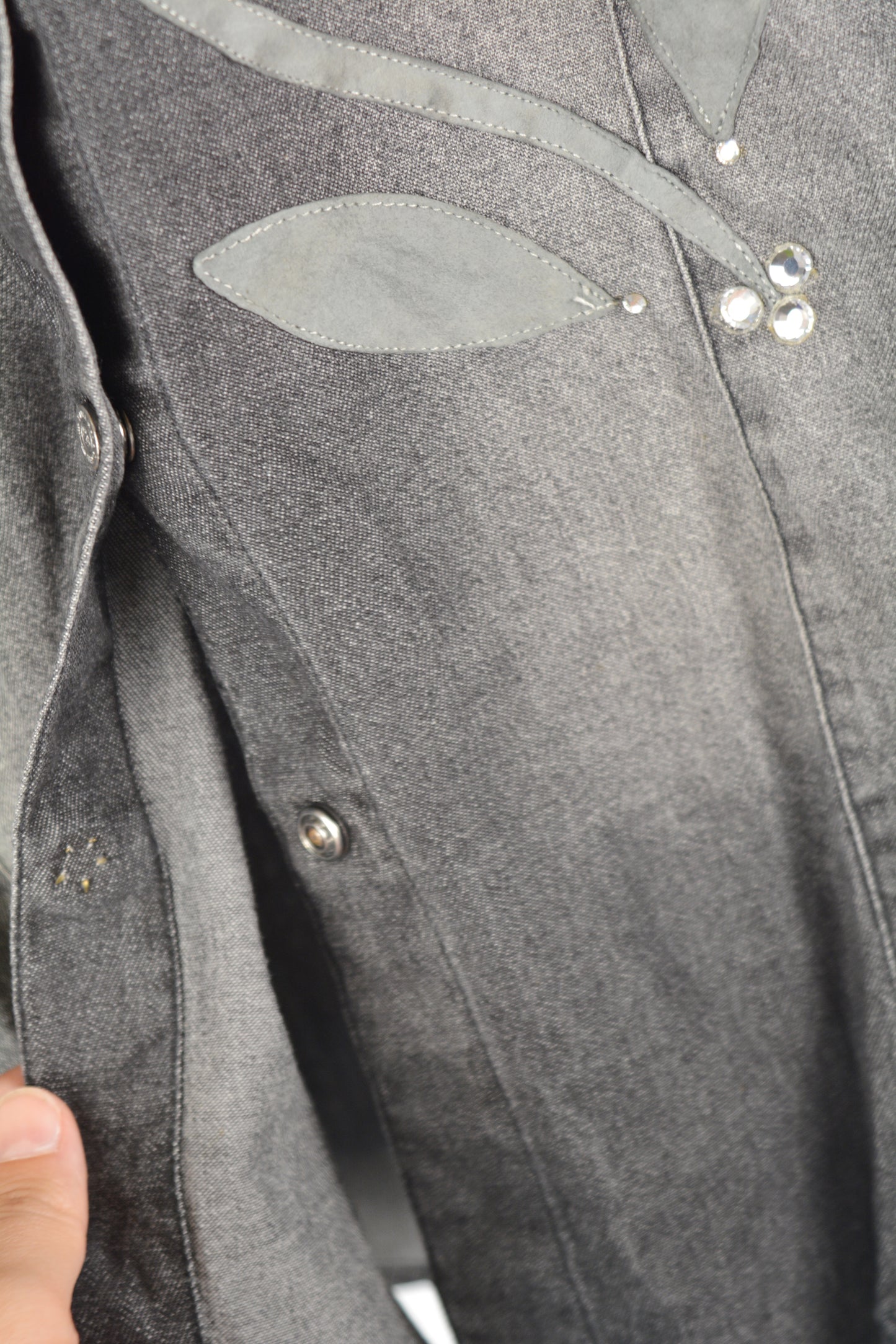 Bianca Maria Caselli Camicia Denim Nero Vintage — Applicazioni Foglie e Strass — Taglia S