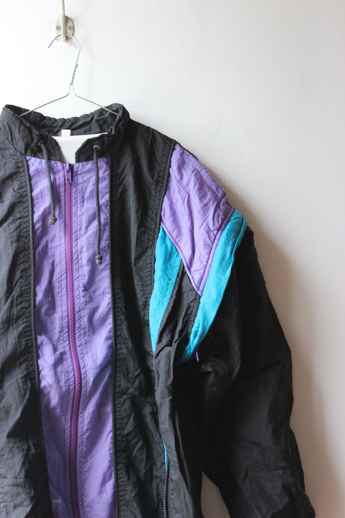 Giacca a vento vintage anni '90 nero viola turchese - Taglia 5