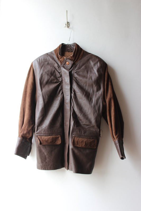 Giacca vintage in pelle marrone bicolore con inserti