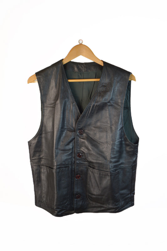 Vera Pelle Gilet in Pelle Nera Vintage Made in Italy — Taglia M