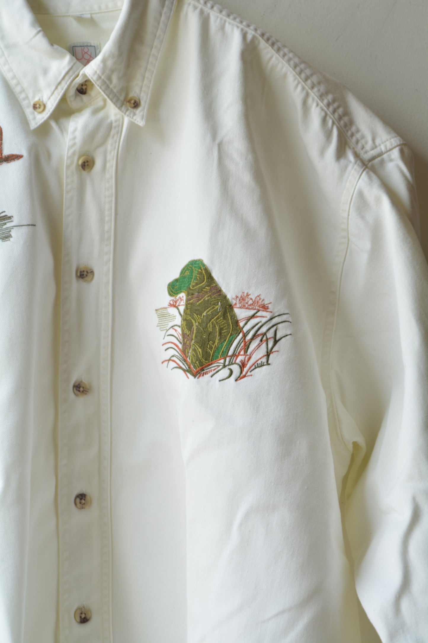 Camicia Vintage U&ME – Ricamo Hunting Cane e Anatre – Bianco Panna
