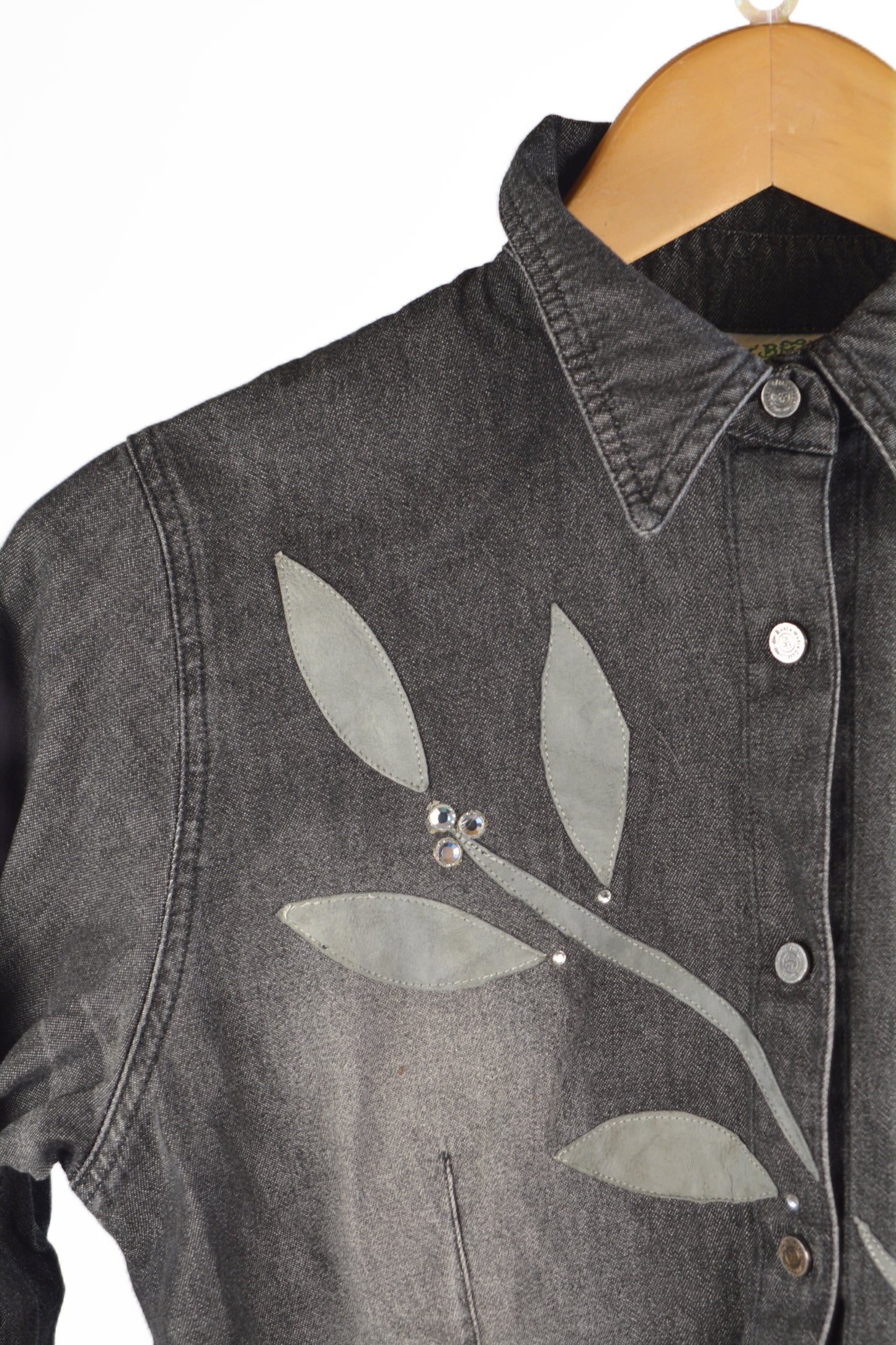 Bianca Maria Caselli Camicia Denim Nero Vintage — Applicazioni Foglie e Strass — Taglia S
