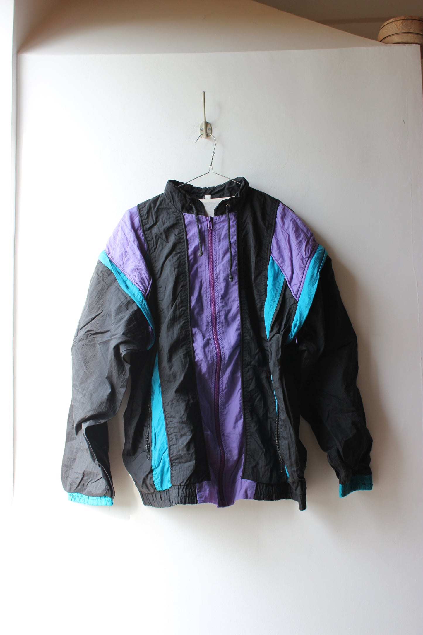 Giacca a vento vintage anni '90 nero viola turchese - Taglia 5