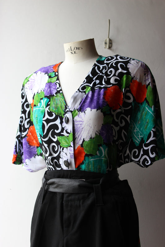 Camicia Vintage Donna Enrica Fantasia Floreale Multicolore Anni '80