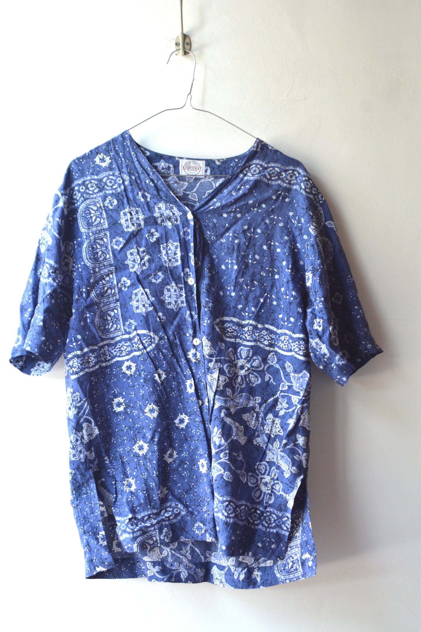 Newpenny Blusa Vintage Paisley Blu Batik anni '80