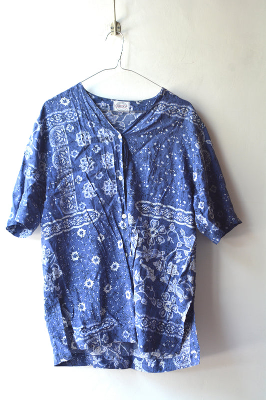 Newpenny Blusa Vintage Paisley Blu Batik anni '80