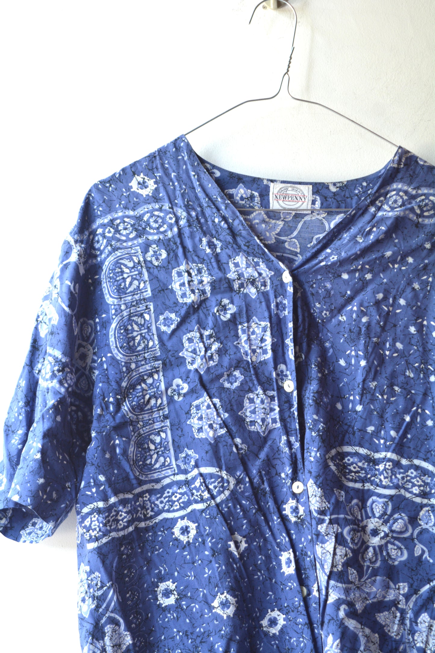 Newpenny Blusa Vintage Paisley Blu Batik anni '80