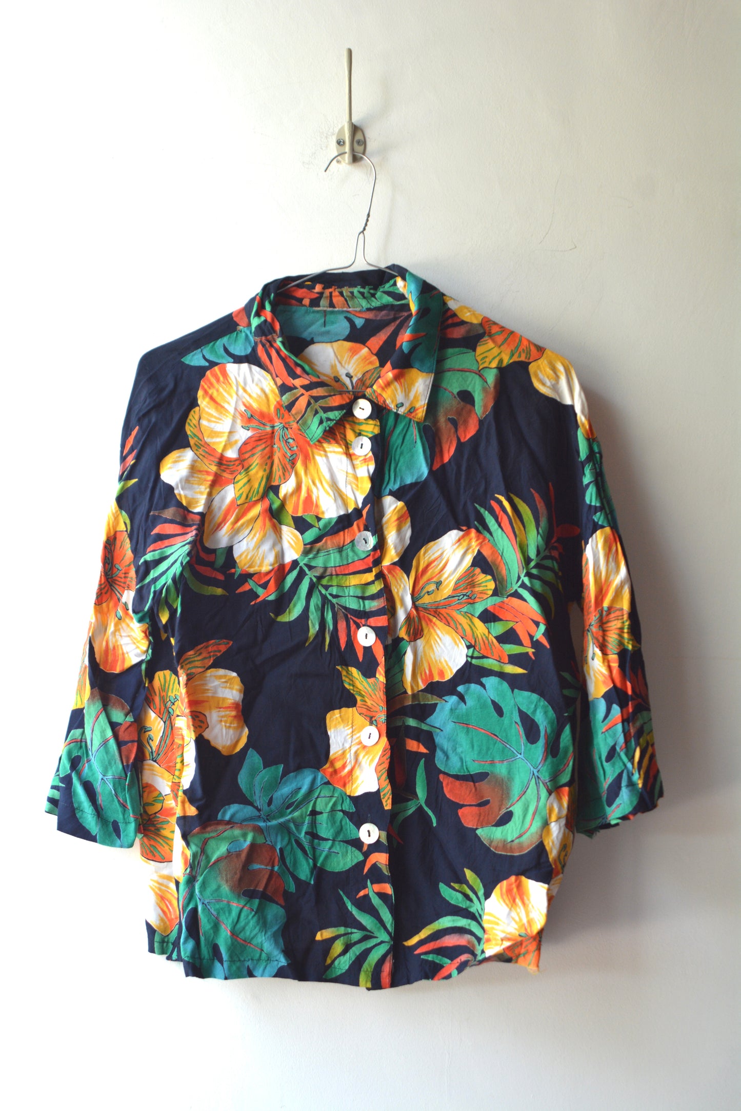 Camicia Tropical Vintage Navy Hibiscus anni '90