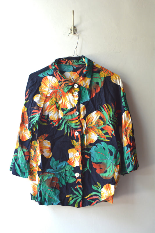 Camicia Tropical Vintage Navy Hibiscus anni '90
