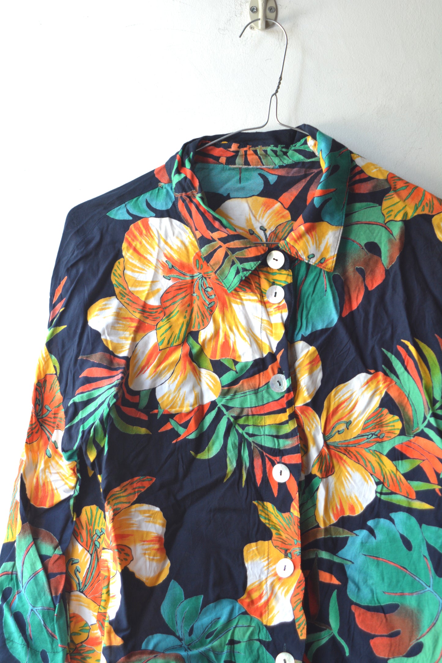 Camicia Tropical Vintage Navy Hibiscus anni '90