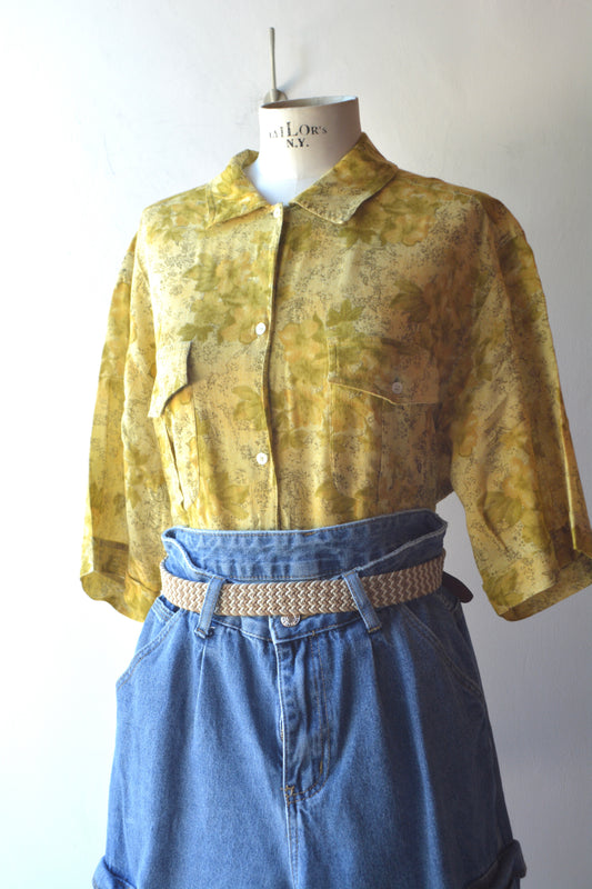 Newpenny Easy Wear Camicia Vintage Floreale Giallo Ocra Taglia 42 — Made in Italy