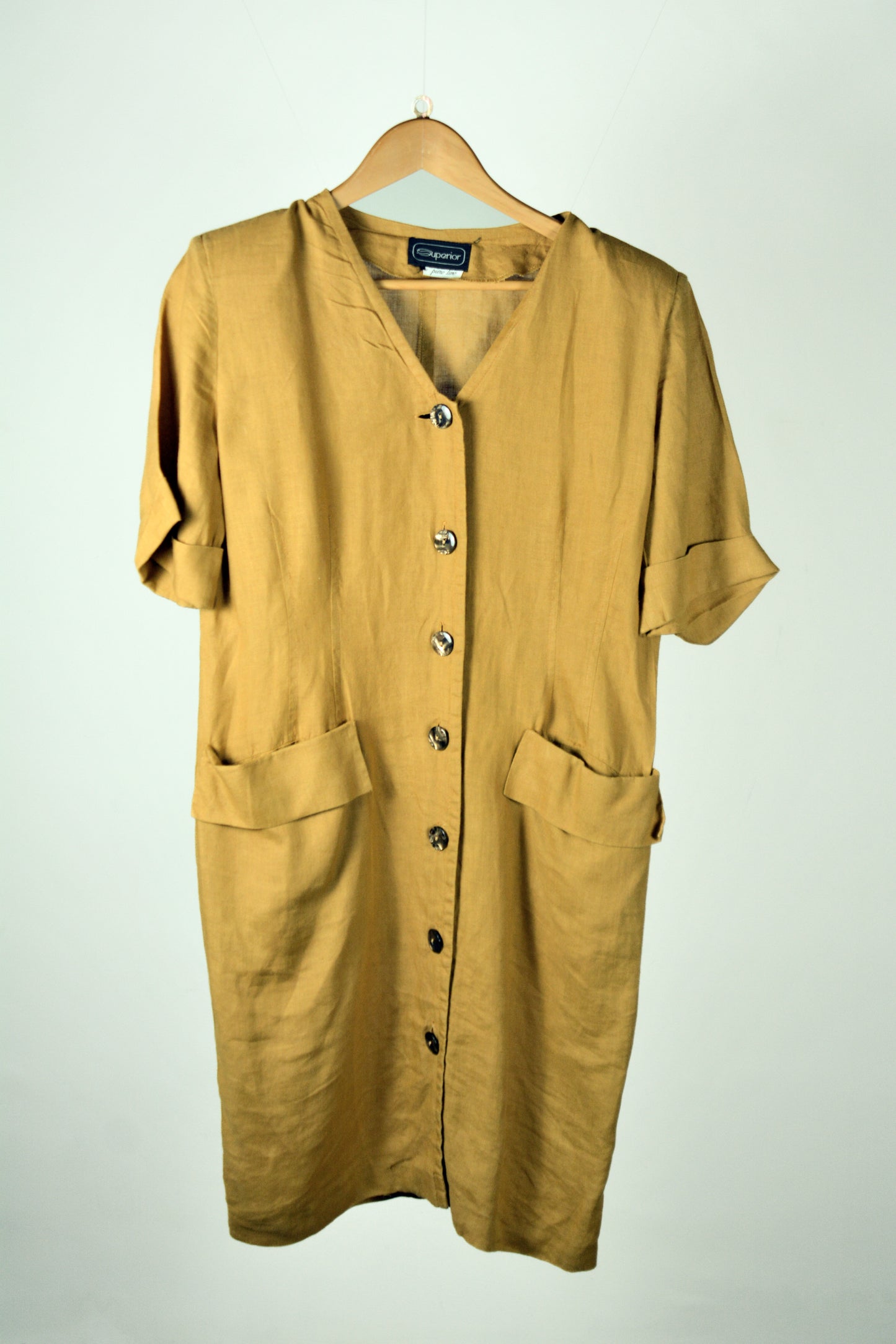 Superior Vestito Vintage Puro Lino Senape — Anni '90