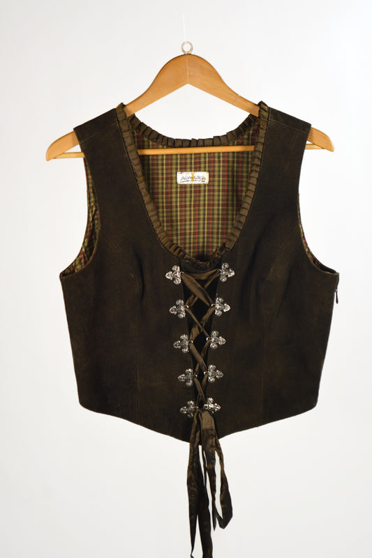 Almsach Corpetto Dirndl Scamosciato Marrone Vintage – S/M