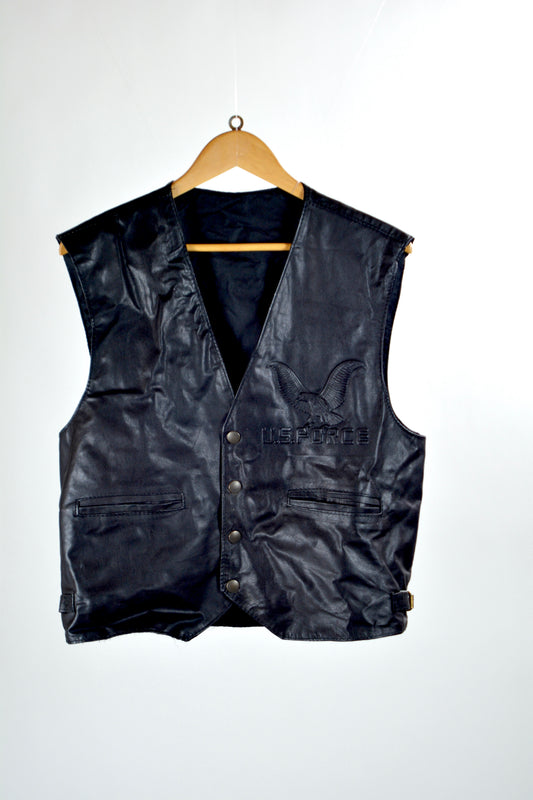 Gilet Vintage U.S. Force – Vera Pelle Nera con Aquila Goffrata – Made in Italy