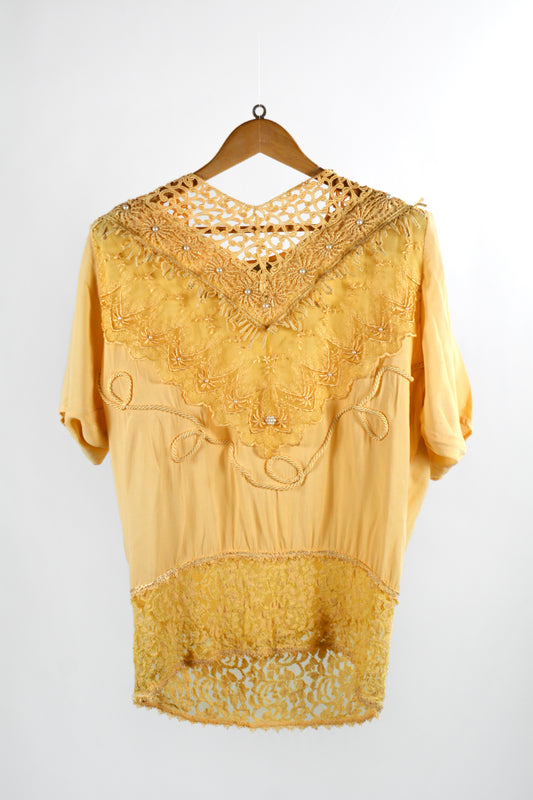Blusa Vintage Gialla con Ricami e Pizzo