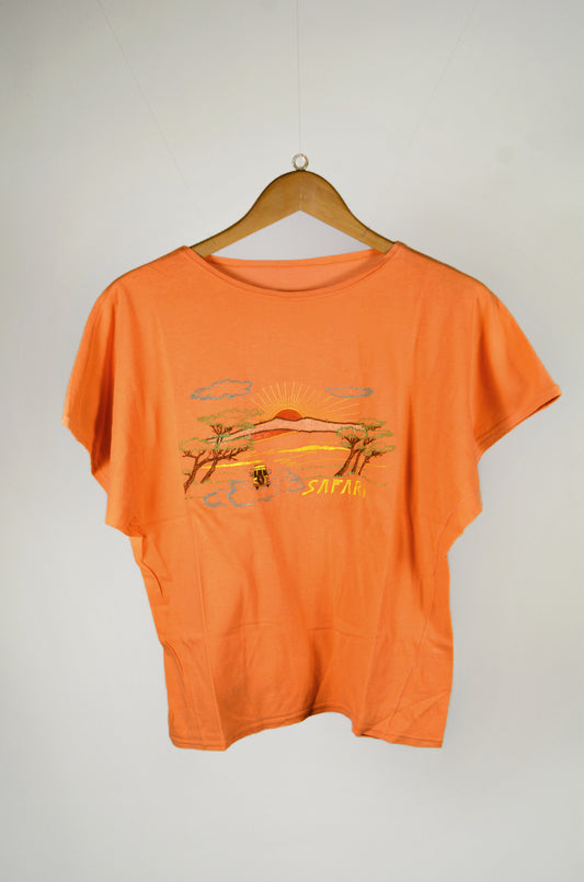T-shirt Vintage Arancione Stampa Safari Ricamata