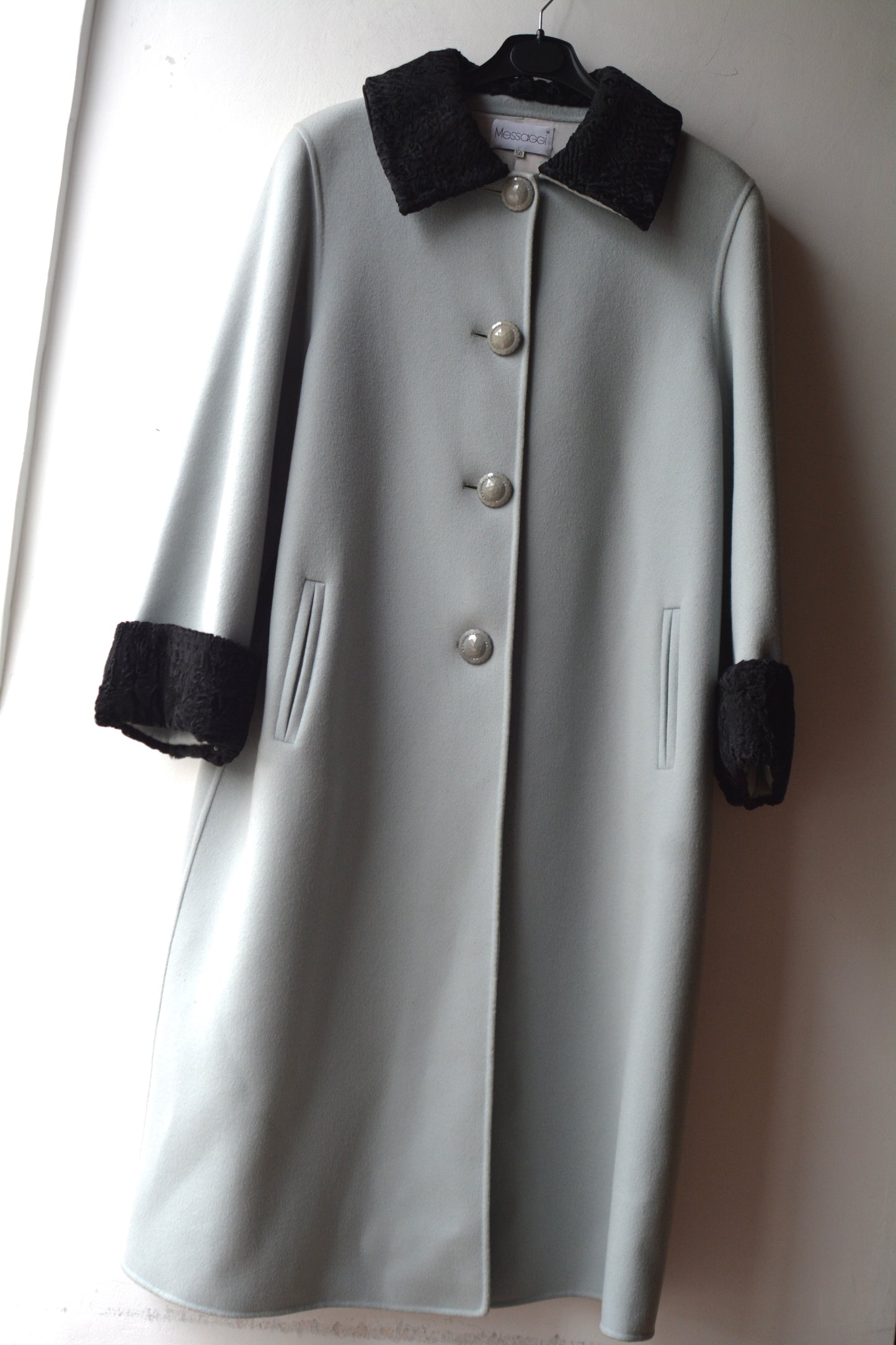 Messaggi Cappotto Vintage Panno Grigio Ghiaccio con Astrakan Nero Donna Taglia 50
