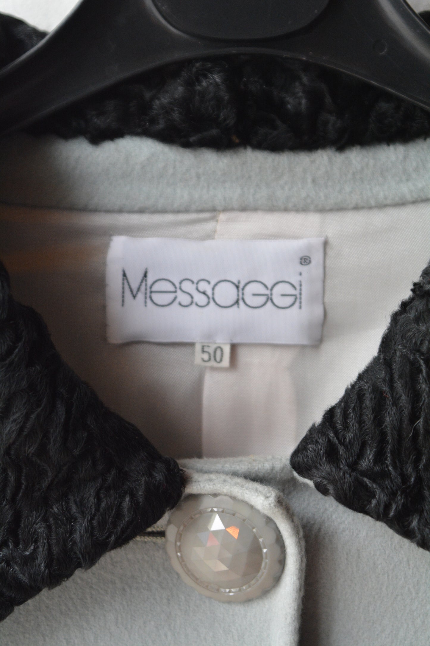 Messaggi Cappotto Vintage Panno Grigio Ghiaccio con Astrakan Nero Donna Taglia 50
