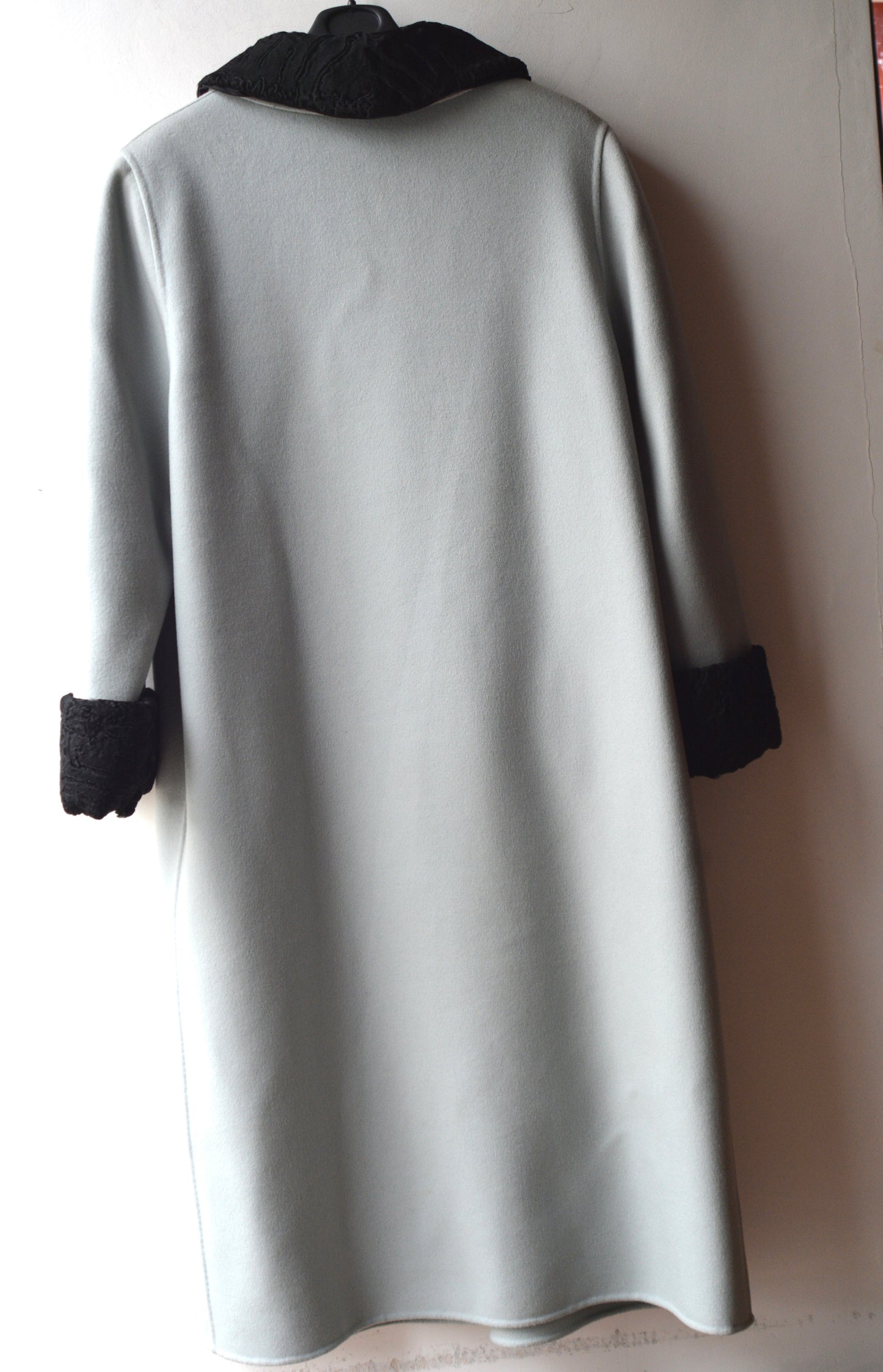 Messaggi Cappotto Vintage Panno Grigio Ghiaccio con Astrakan Nero Donna Taglia 50
