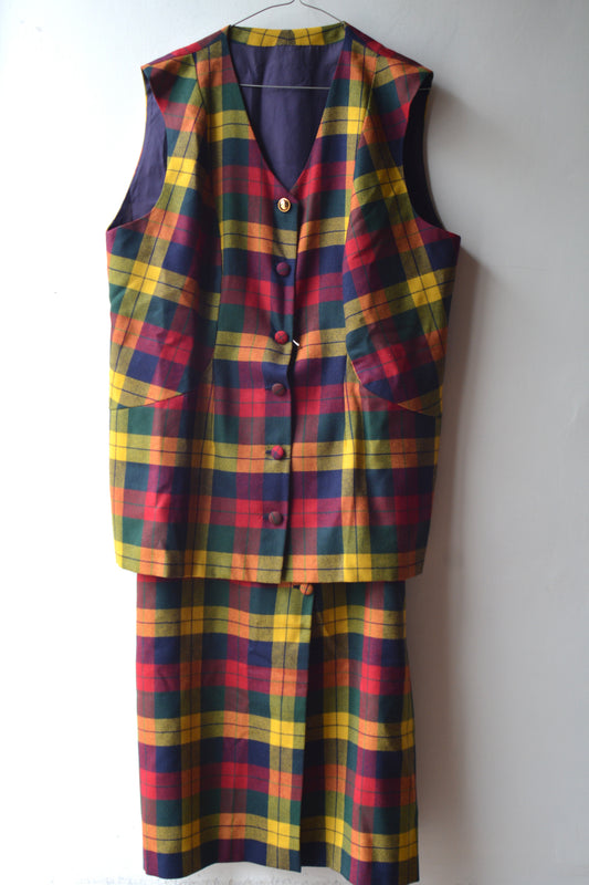 Completo Vintage Tartan Lana Multicolore Gilet e Gonna Donna Anni 80 Taglia XL