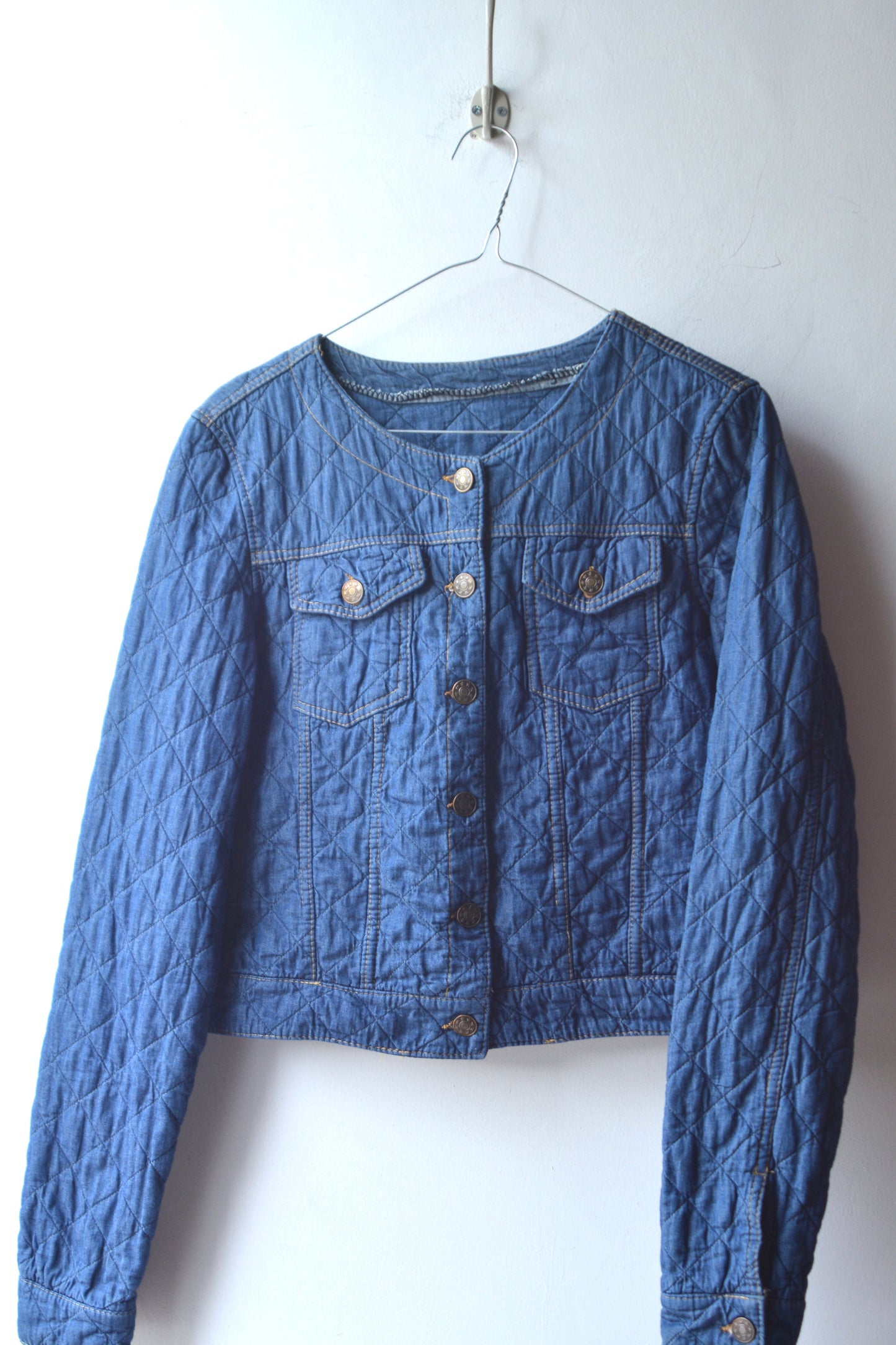 Giacca Vintage Denim Trapuntato Rombi Bottoni Dorati