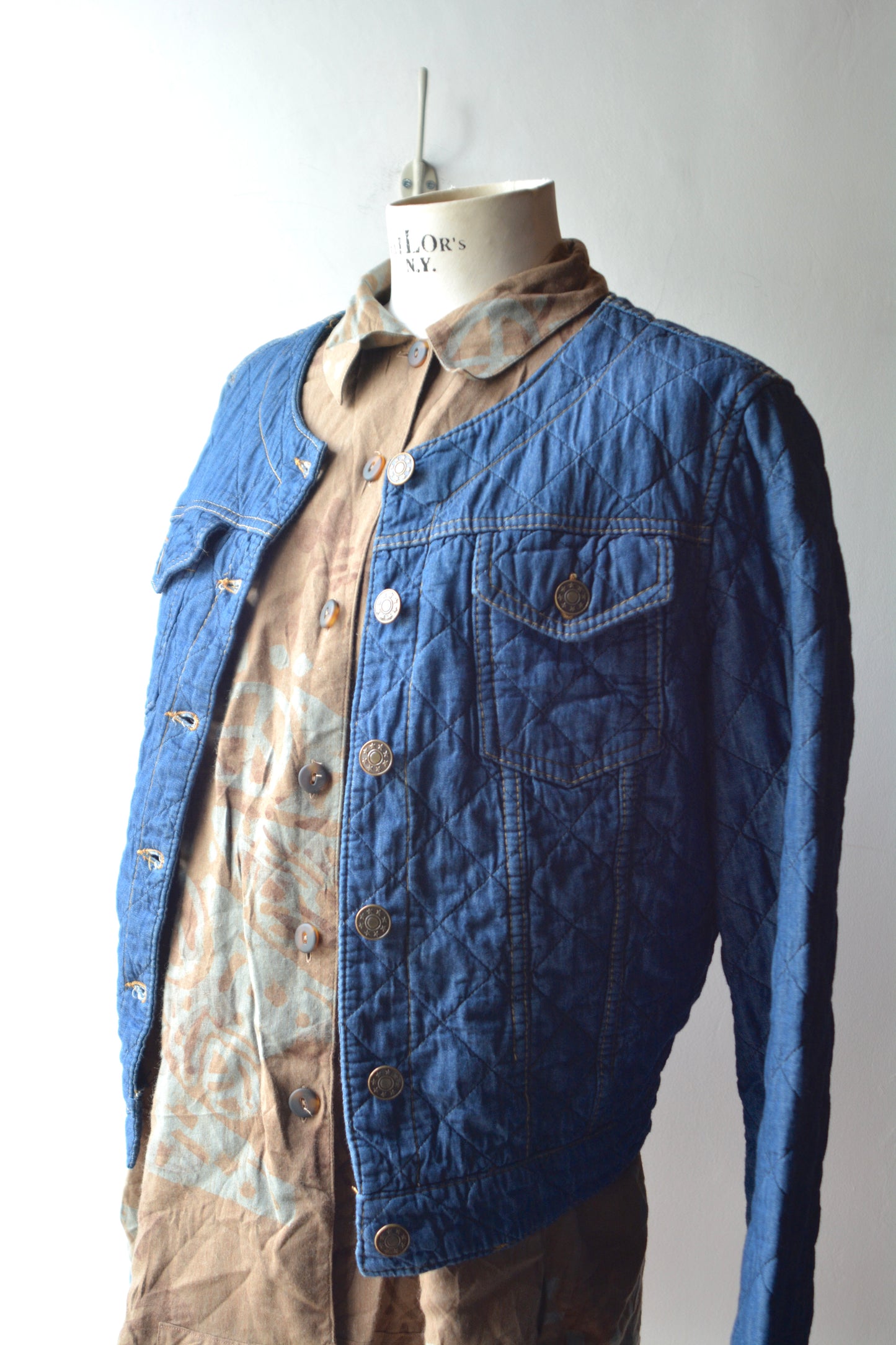 Giacca Vintage Denim Trapuntato Rombi Bottoni Dorati