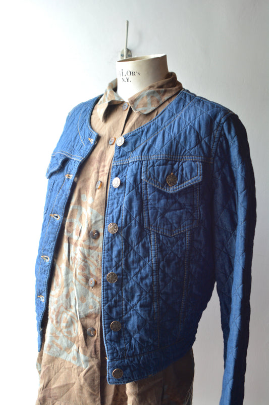 Giacca Vintage Denim Trapuntato Rombi Bottoni Dorati