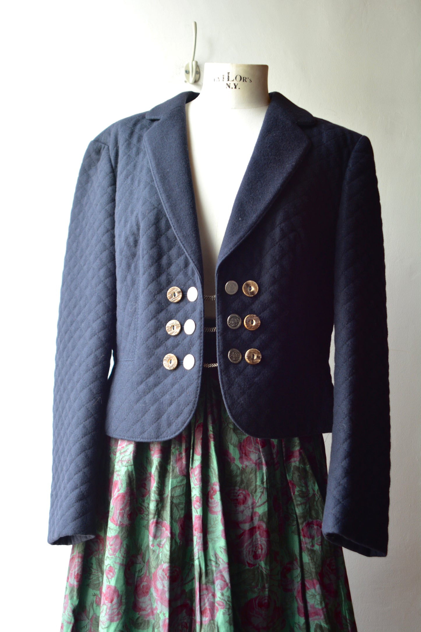 Blazer Trachten Trapuntato Blu Navy con Bottoni Vintage