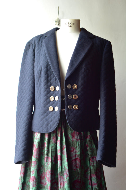 Blazer Trachten Trapuntato Blu Navy con Bottoni Vintage