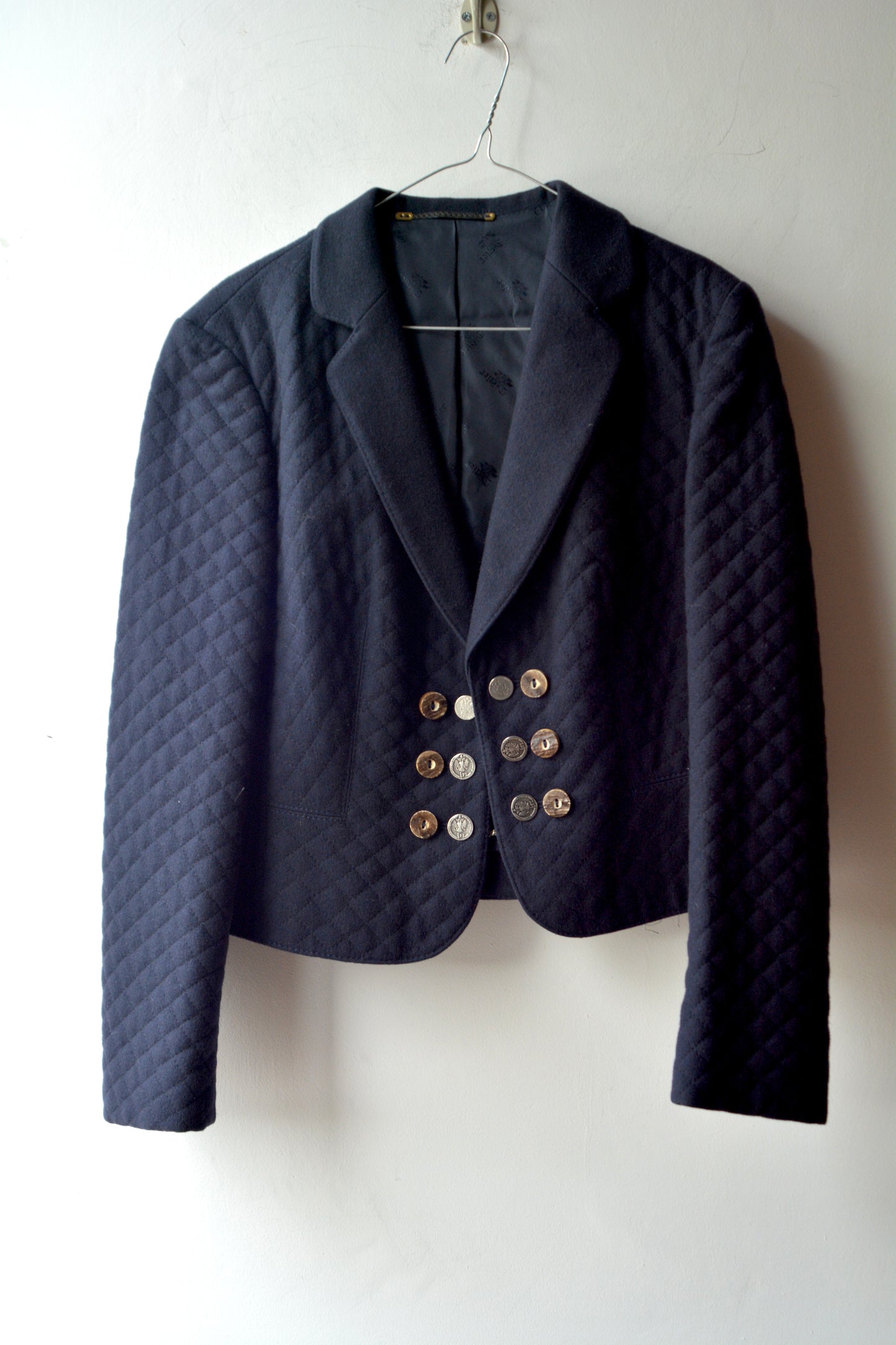 Blazer Trachten Trapuntato Blu Navy con Bottoni Vintage