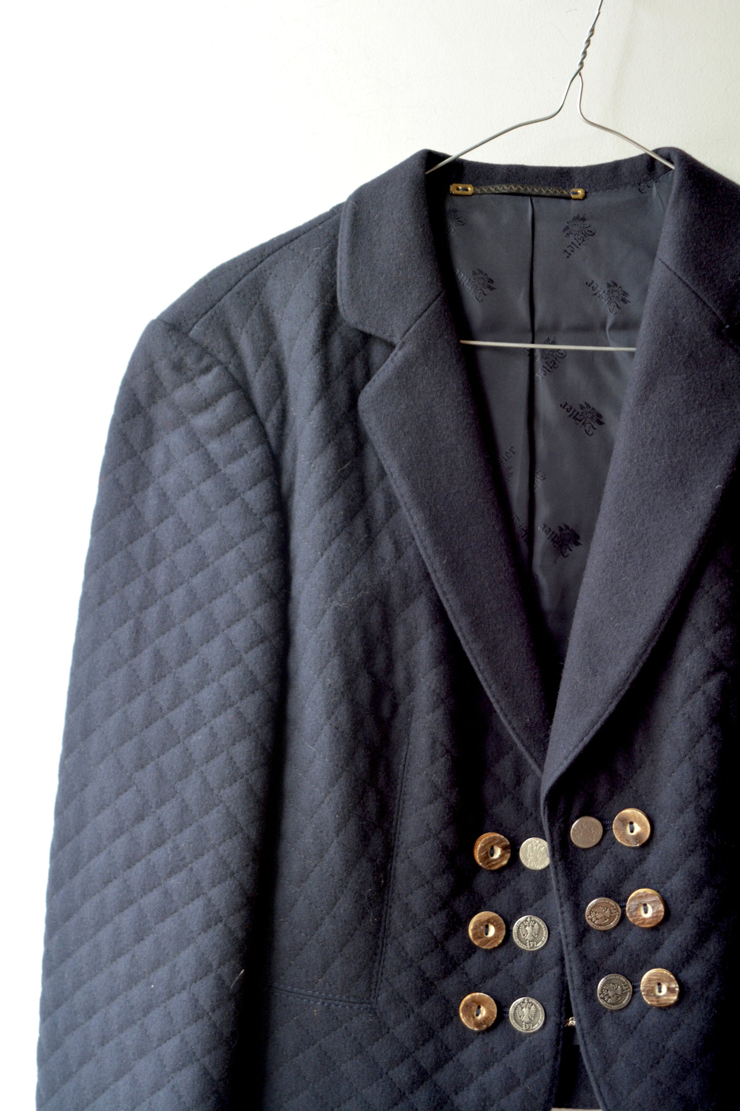 Blazer Trachten Trapuntato Blu Navy con Bottoni Vintage