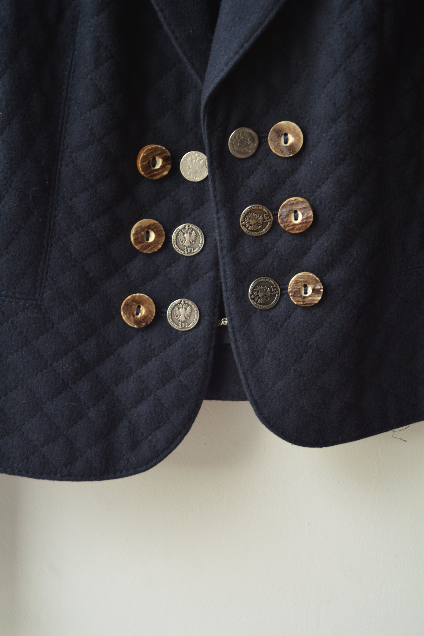 Blazer Trachten Trapuntato Blu Navy con Bottoni Vintage