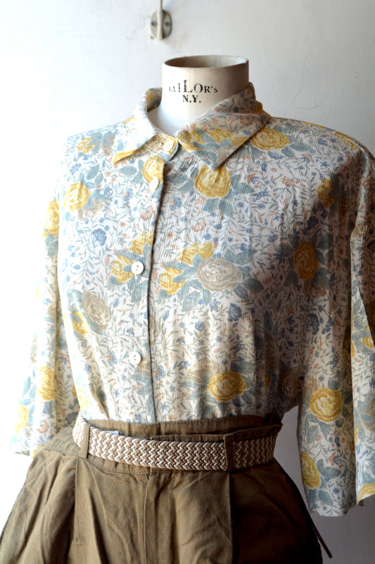 Blusa Vintage Floreale Acquerello Viscosa Giallo e Verde Salvia