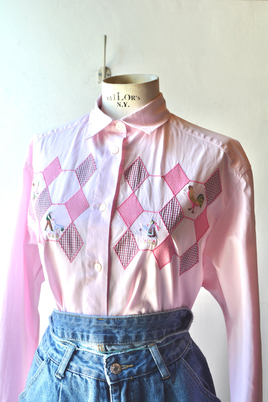 Camicia Vintage Stefanel Rosa con Ricami Naïf e Applicazioni Vichy