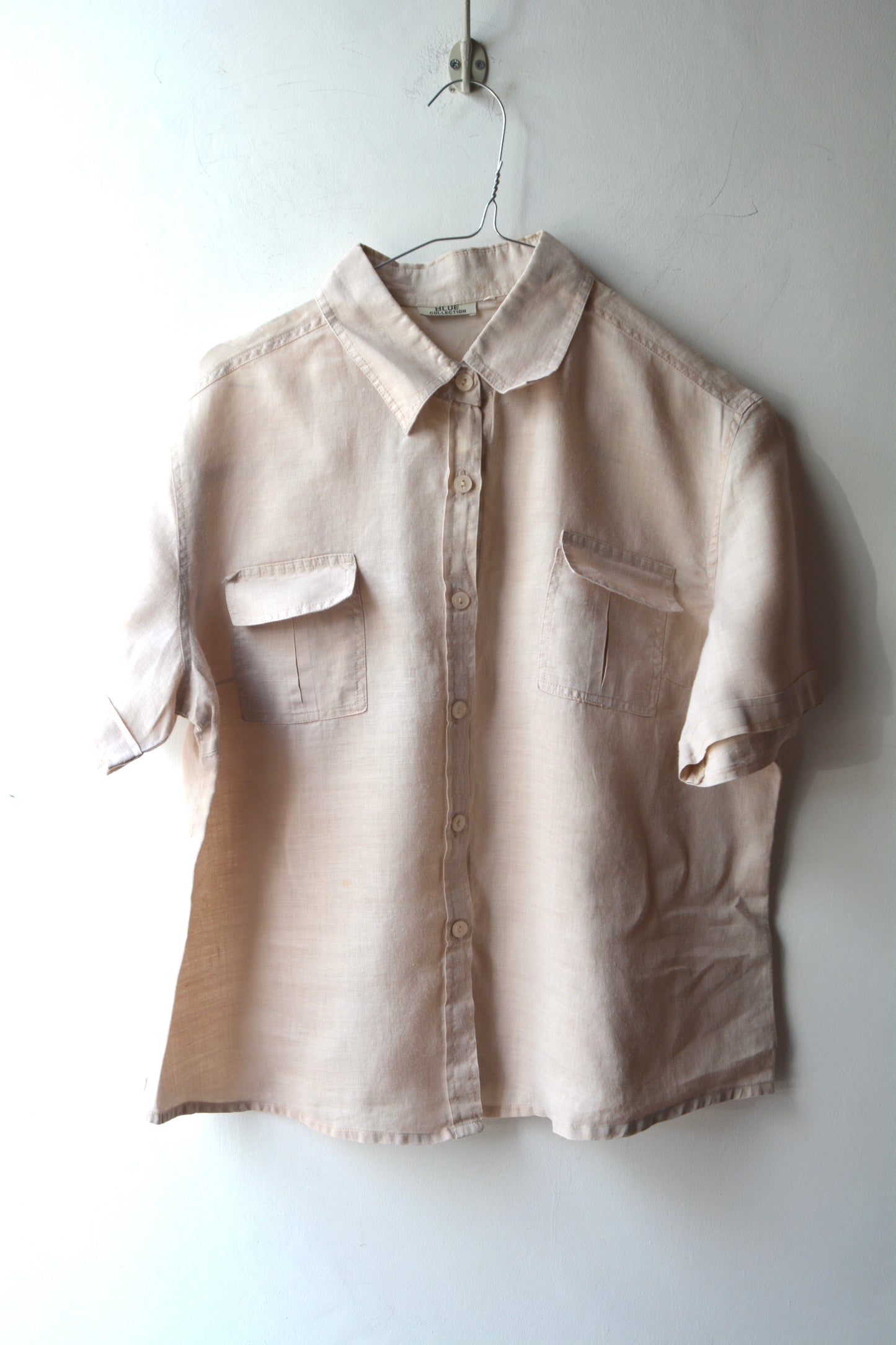 Camicia 100% Lino Beige Sabbia — Donna Maniche Corte con Tasche