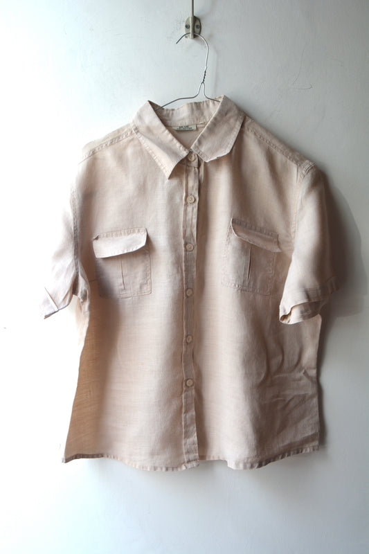 Camicia 100% Lino Beige Sabbia — Donna Maniche Corte con Tasche