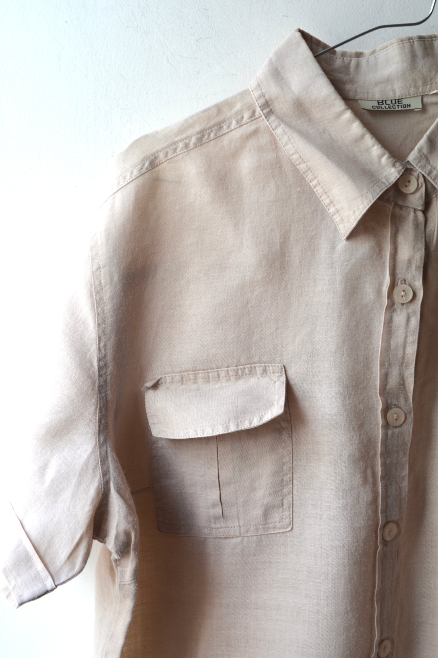 Camicia 100% Lino Beige Sabbia — Donna Maniche Corte con Tasche
