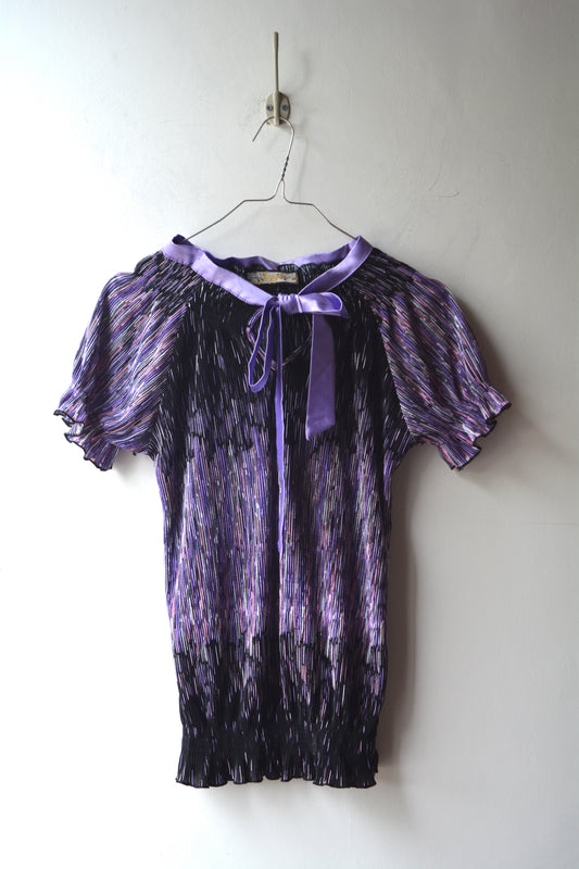 Top Plissettato Seta e Cotone — Viola Iridescente con Fiocco Donna Taglia S
