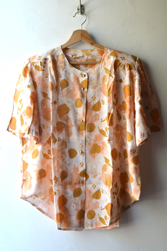 Blusa Vintage Anni '70 Stampa Floreale Pesca e Ocra – Taglia L