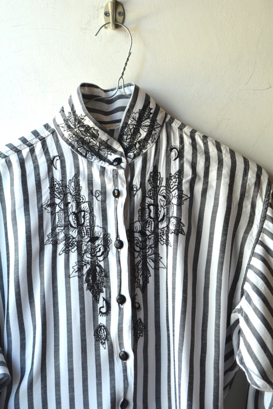 Giorgio Kauten — Camicia Righe Ricamo Floreale Nero Donna Taglia M