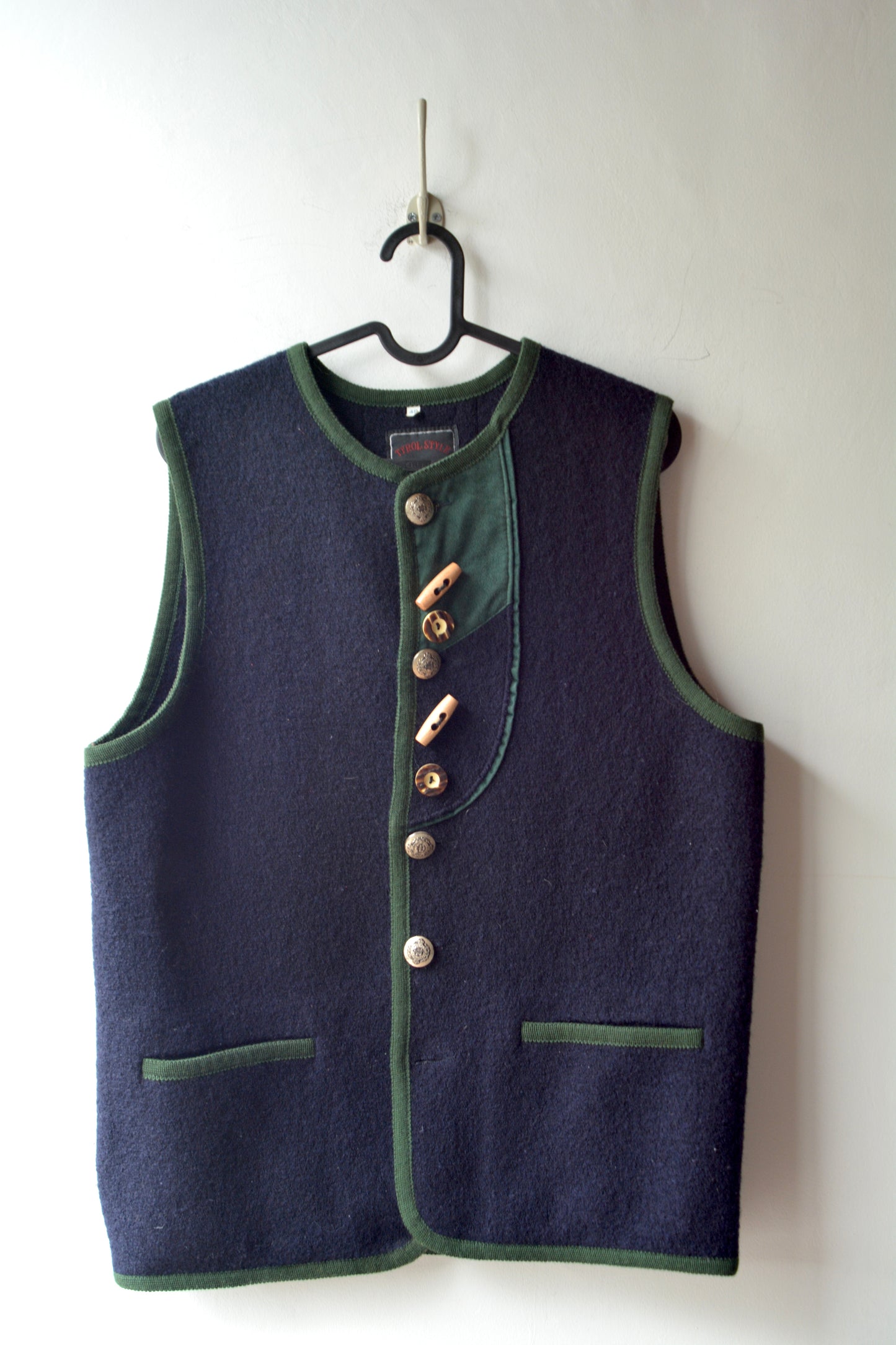 Gilet Tracht Tirolese Tyrol Style Lana Navy Verde – Taglia 44-46 IT / S-M