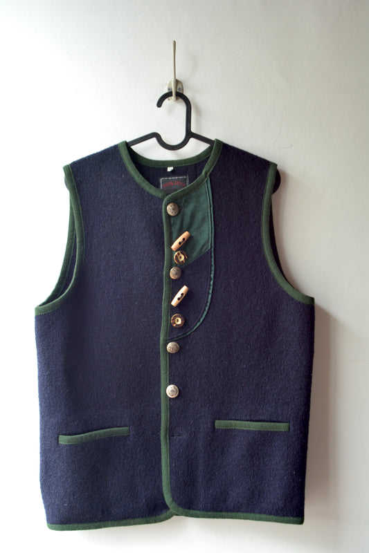 Gilet Tracht Tirolese Tyrol Style Lana Navy Verde – Taglia 44-46 IT / S-M