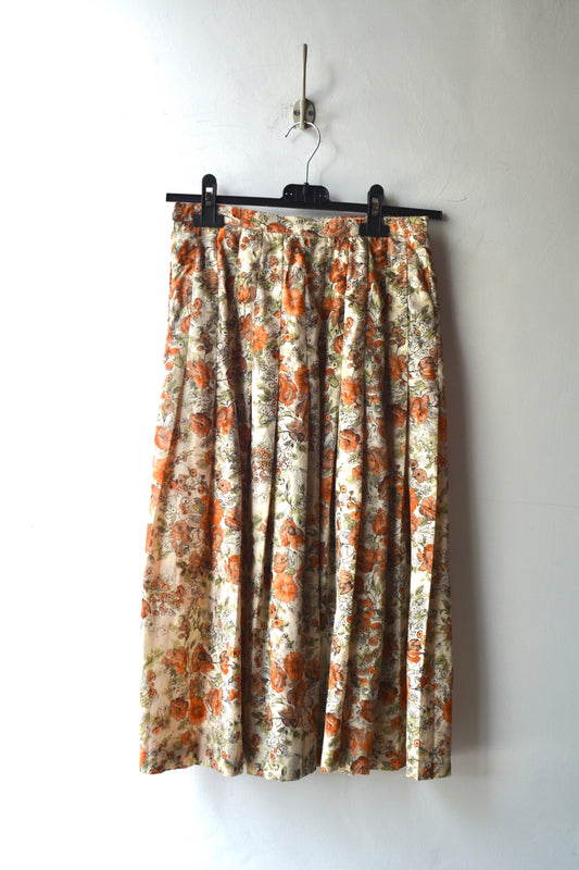 Gonna Midi Vintage a Pieghe – Floreale Arancio Taglia 42