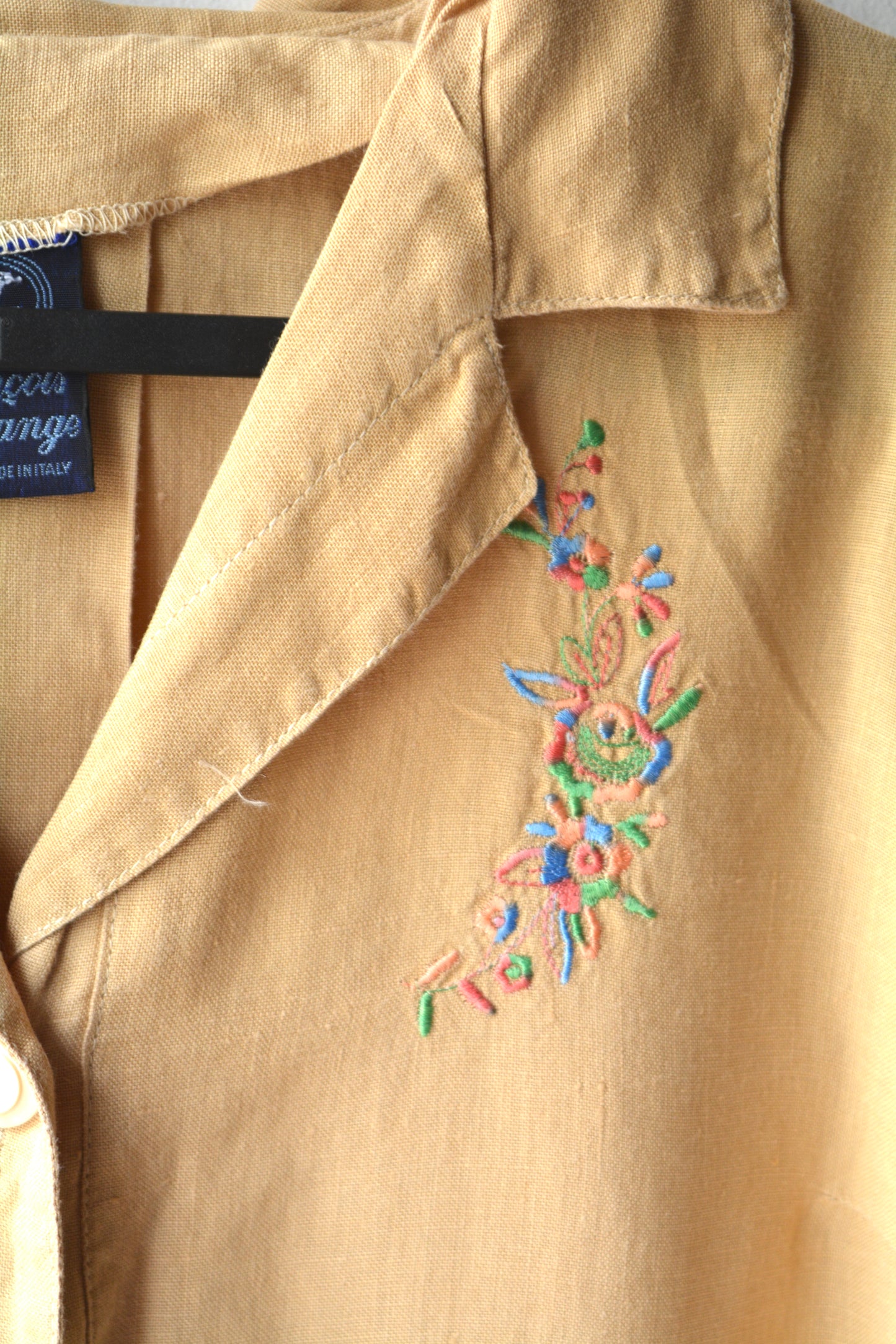 François Lagrange — Camicia Lino Ocra Ricamo Floreale Made in Italy