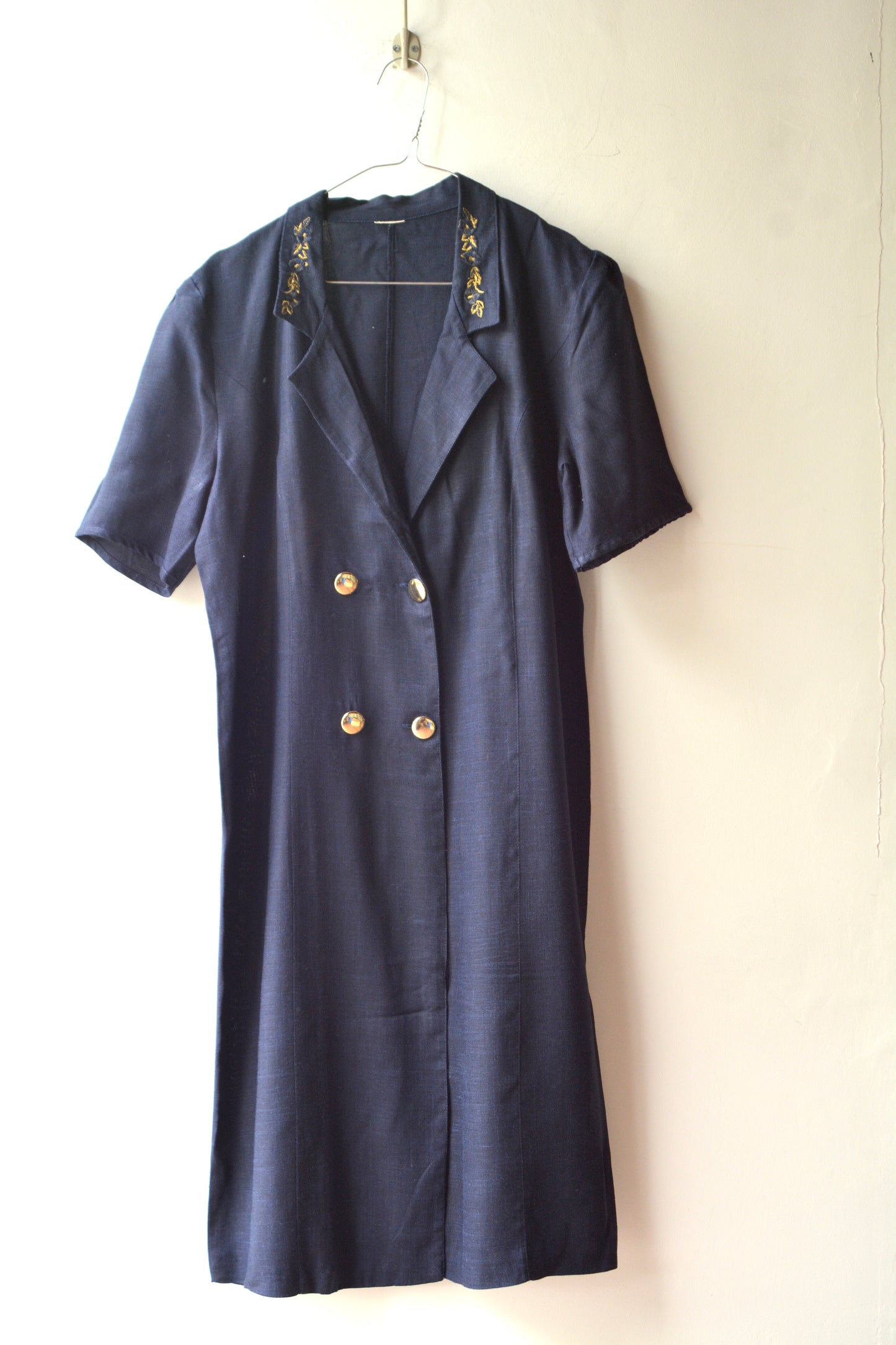 Abito Chemisier Vintage Lino Navy — Doppio Petto Ricamo Oro