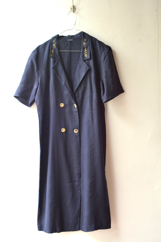 Abito Chemisier Vintage Lino Navy — Doppio Petto Ricamo Oro