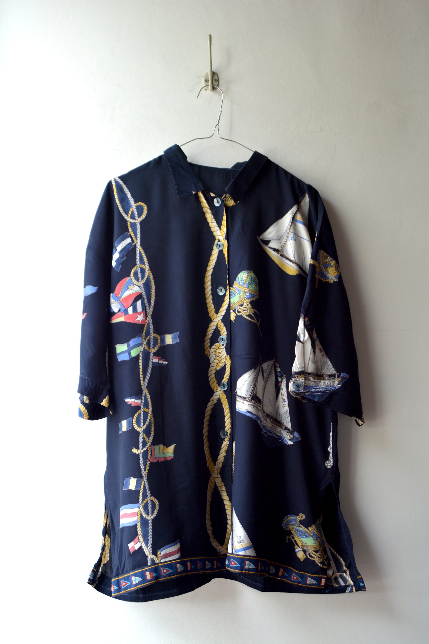 Camicia Vintage Nautica Stampa Vele e Bandiere Navy