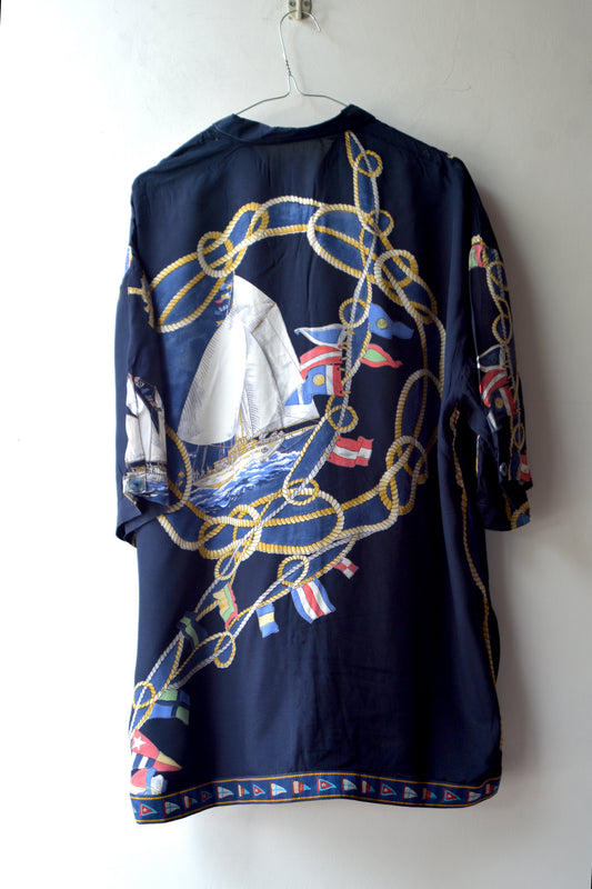 Camicia Vintage Nautica Stampa Vele e Bandiere Navy